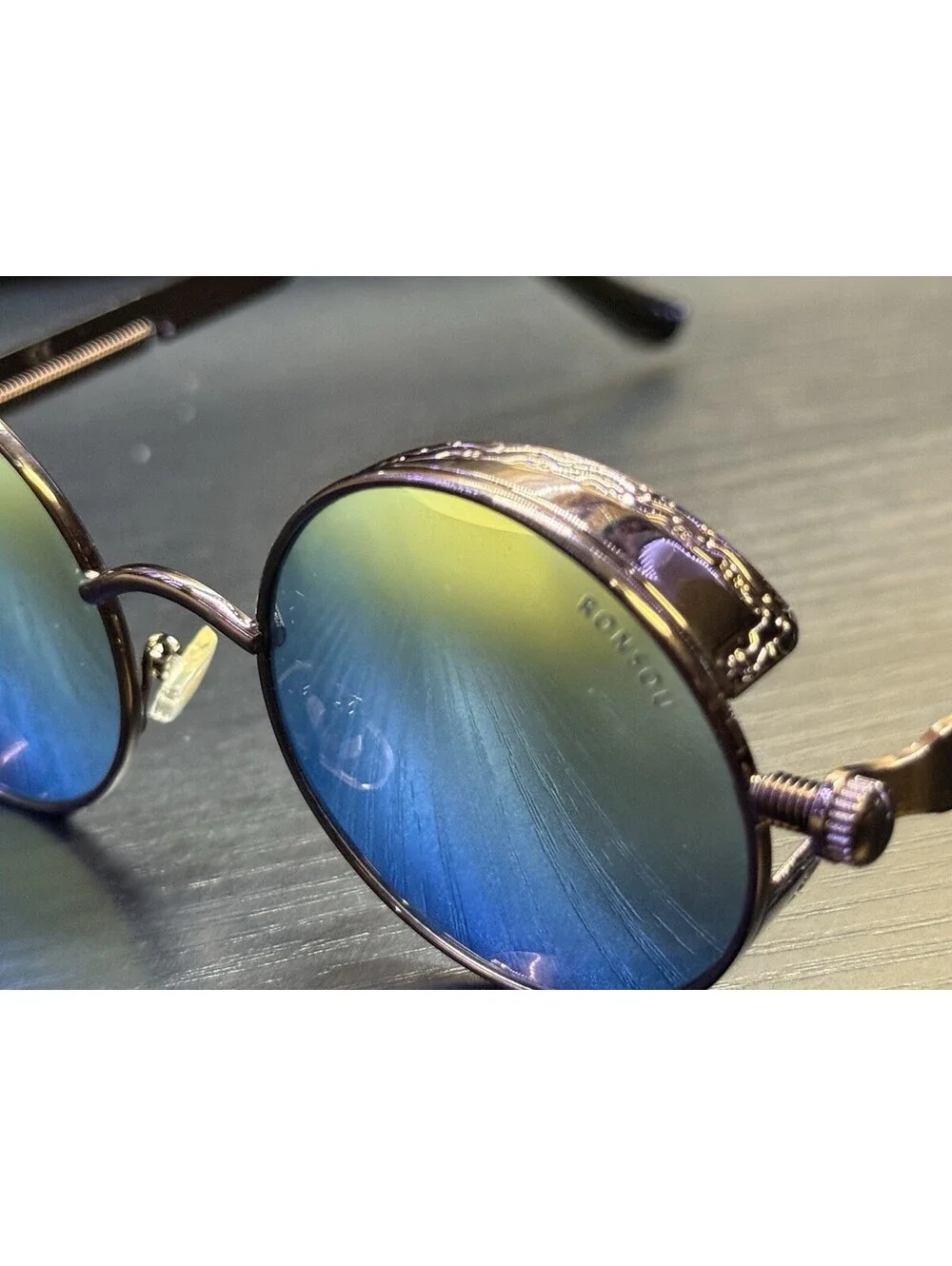 RONSOU Steampunk Round Sunglasses Blue Mirror Lens Side Shields Retro